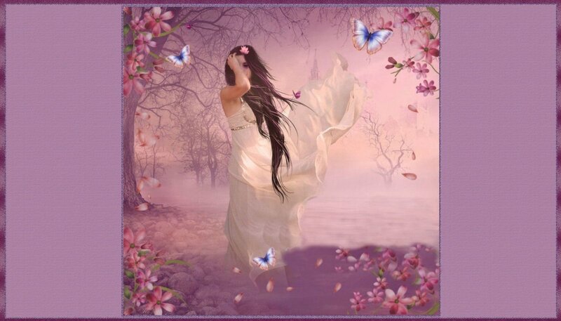 Woman in White Dress — Purple, Serene, Spring, Digital Art