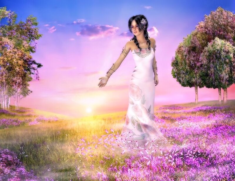 Woman in White Dress — Purple, Serene, Sunset, Digital Art, Field of Flowers, Trees