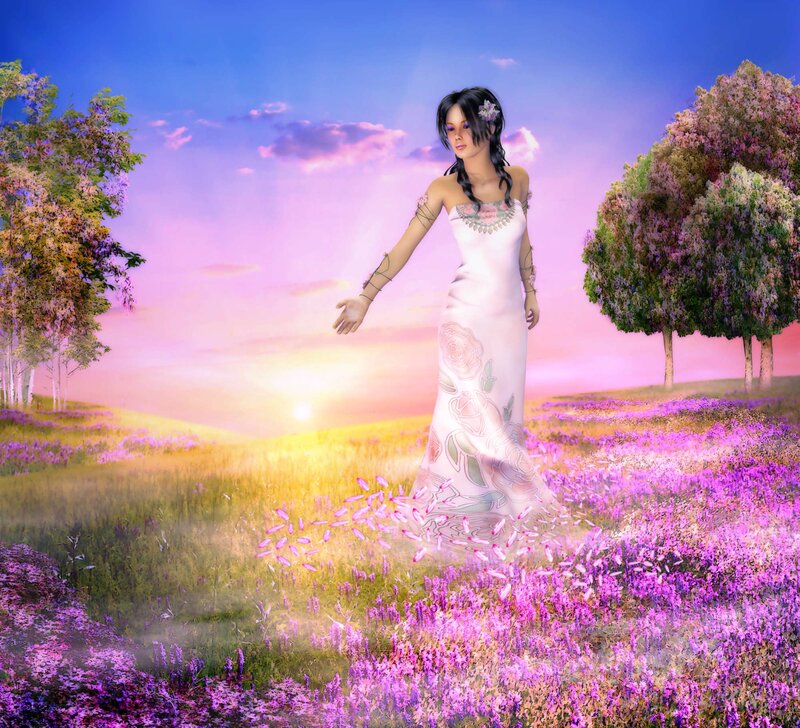 Woman in White Dress — Purple, Serene, Sunset, Digital Art, Flowers