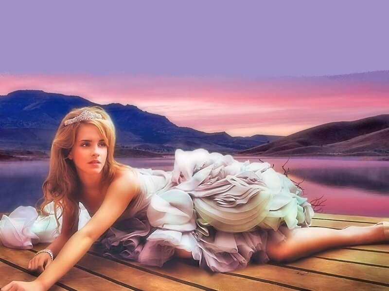 Woman in White Dress — Purple, Serene, Sunset