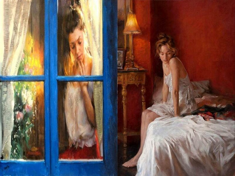Woman in White Dress — Red, Contemplative, Morning