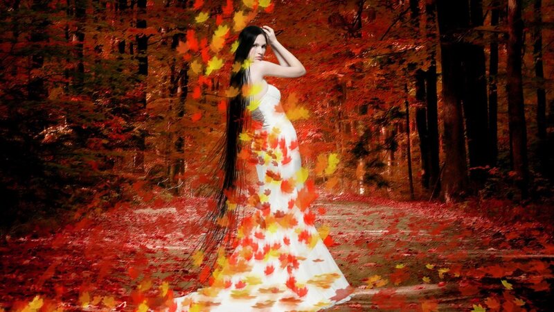 Woman in White Dress — Red, Dramatic, Autumn, Digital Art