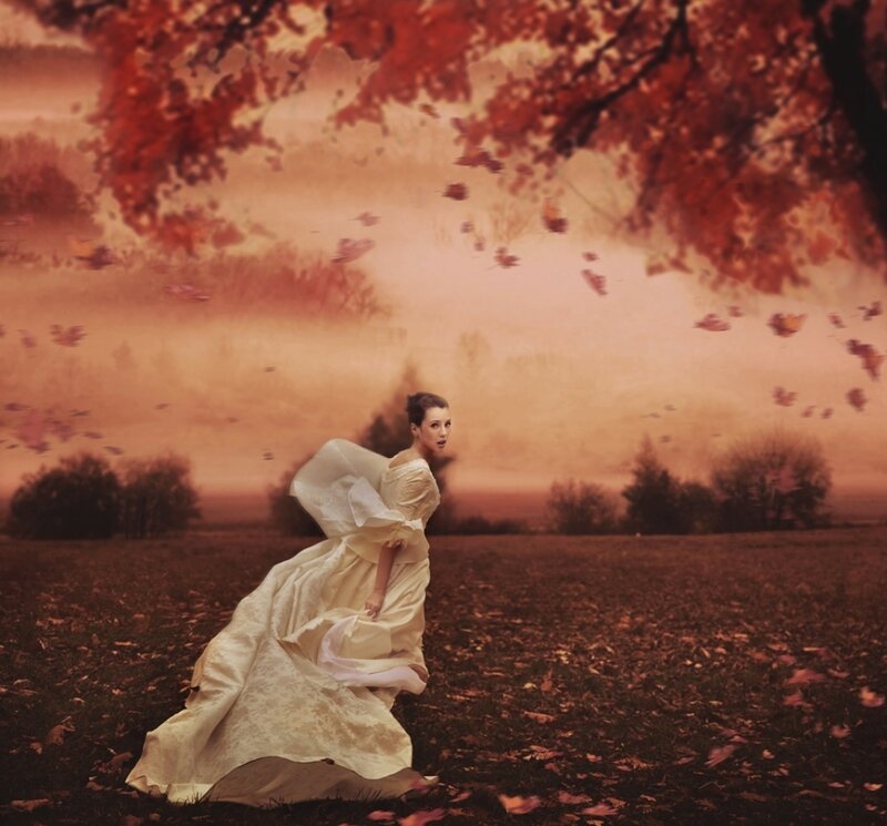 Woman in White Dress — Red, Dramatic, Autumn, Photograph