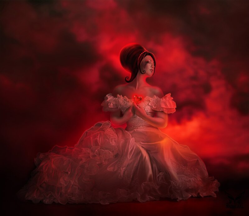 Woman in White Dress — Red, Dramatic, Digital Art, Heart