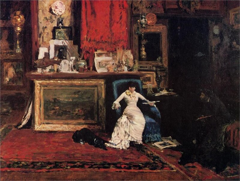 Woman in White Dress — Red, Dramatic, Painting, Dog