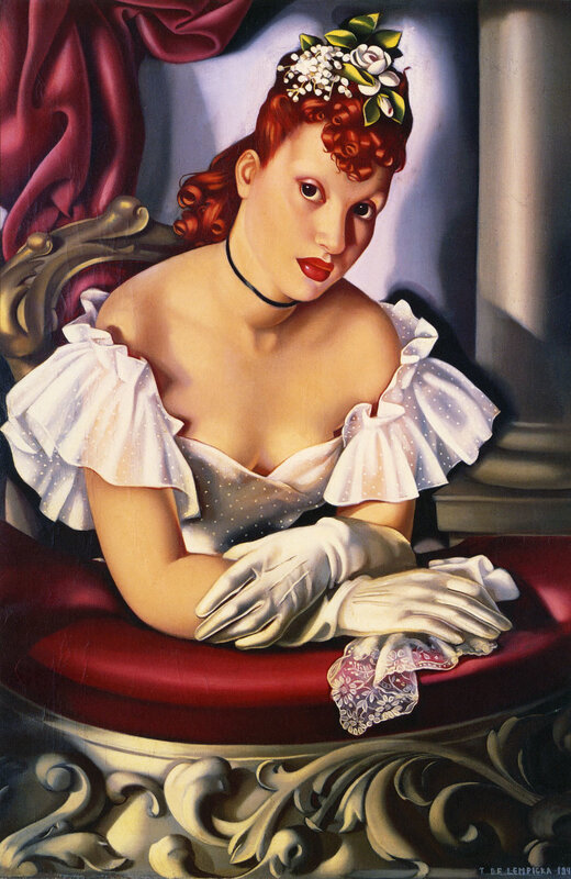 Woman in White Dress — Red, Dramatic, Painting, Red Curtain
