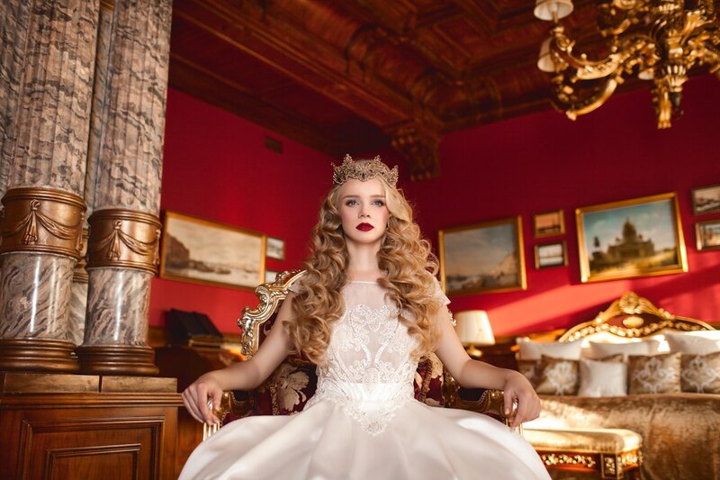 Woman in White Dress — Red, Dramatic, Photograph, Crown