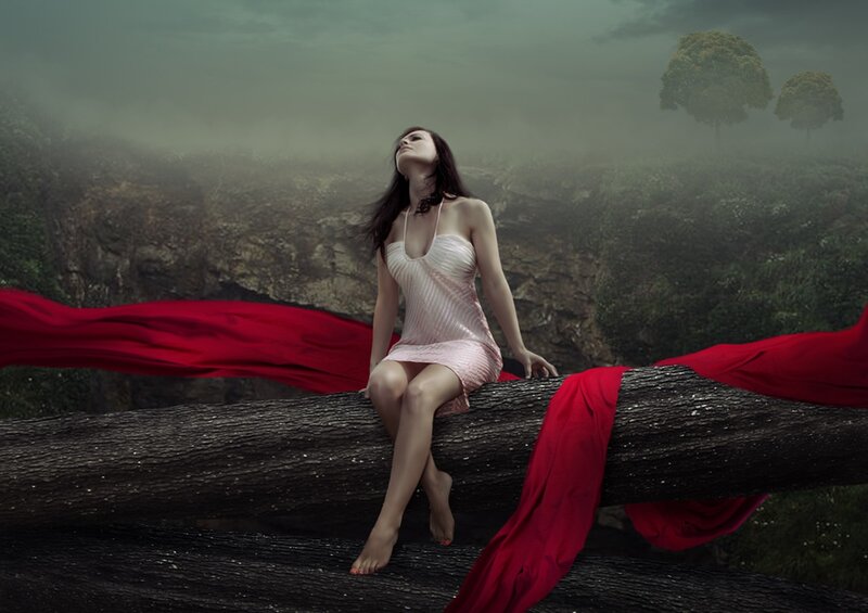 Woman in White Dress — Red, Dramatic, Photograph, Red Fabric
