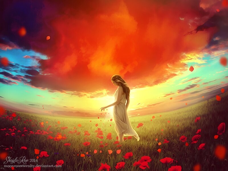 Woman in White Dress — Red, Dramatic, Sunset, Digital Art, Field of Poppies