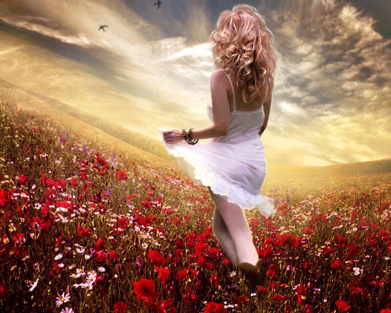 Woman in White Dress — Red, Dramatic, Sunset, Digital Art, Flower Field