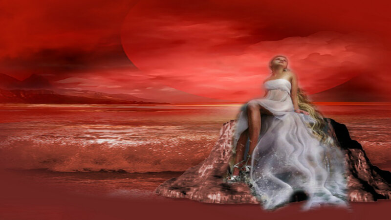 Woman in White Dress — Red, Dramatic, Sunset, Digital Art, Rock