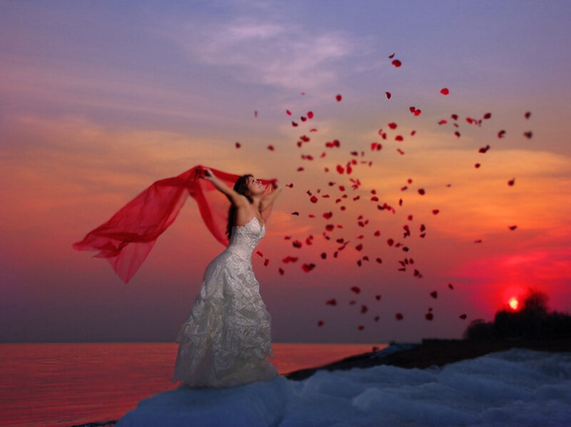 Woman in White Dress — Red, Dramatic, Sunset
