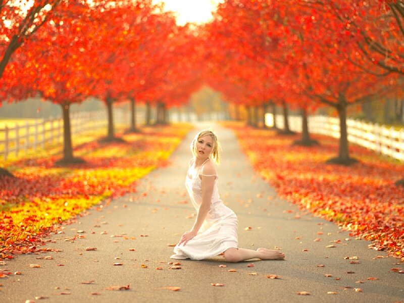 Woman in White Dress — Red, Serene, Autumn
