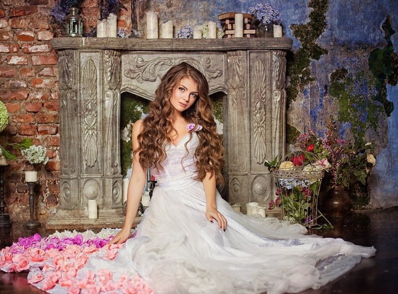 Woman in White Dress — Romantic, Photograph, Fireplace
