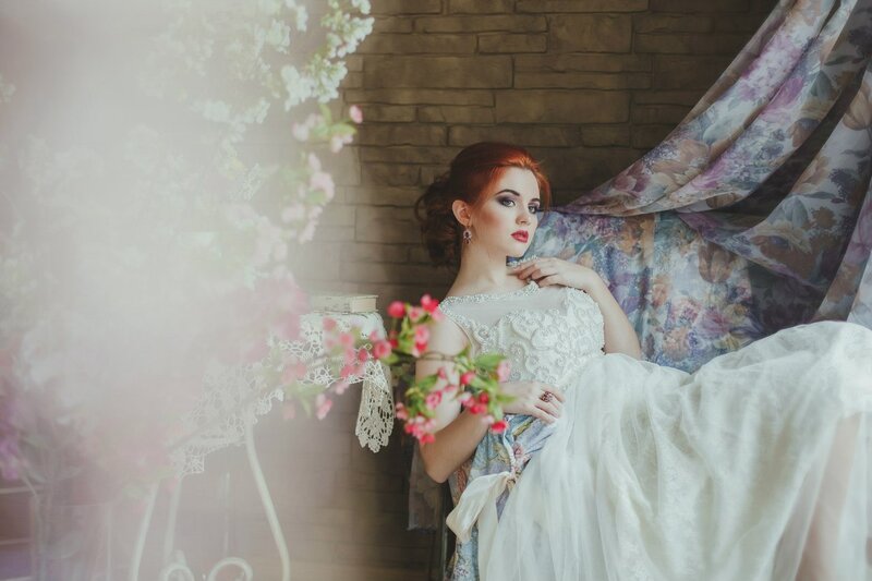 Woman in White Dress — Romantic, Photograph, Flowers, Bricks