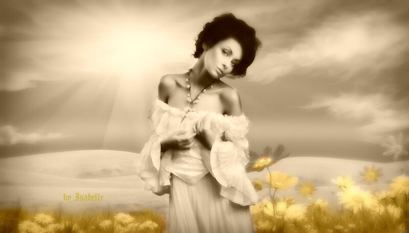 Woman in White Dress — Sepia, Dramatic, Sunset