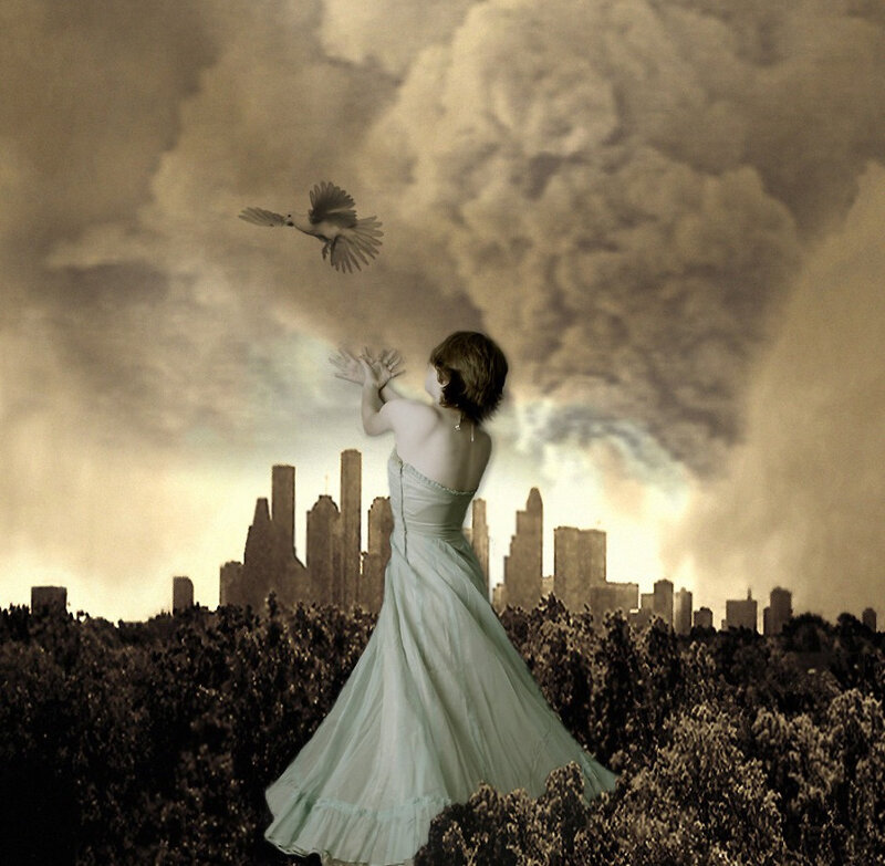 Woman in White Dress — Sepia, Dramatic