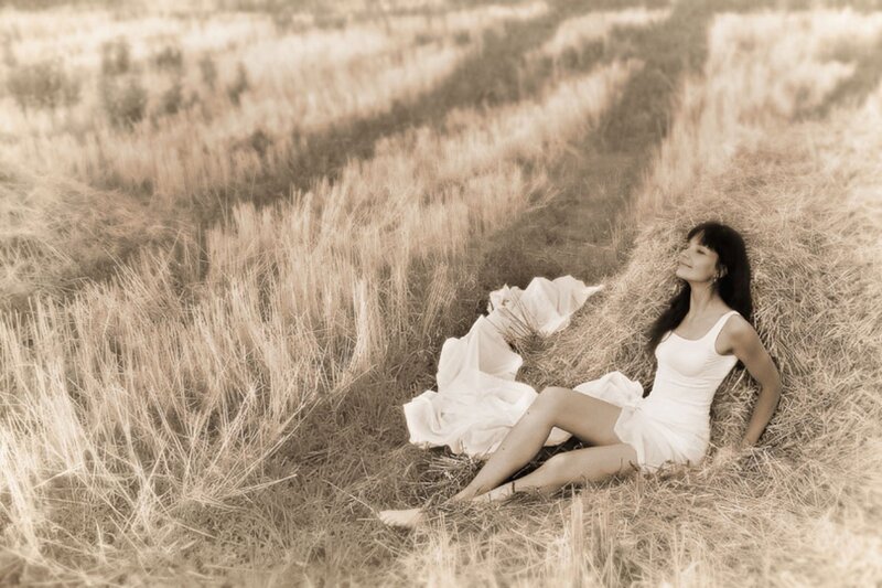Woman in White Dress — Sepia, Serene, Afternoon
