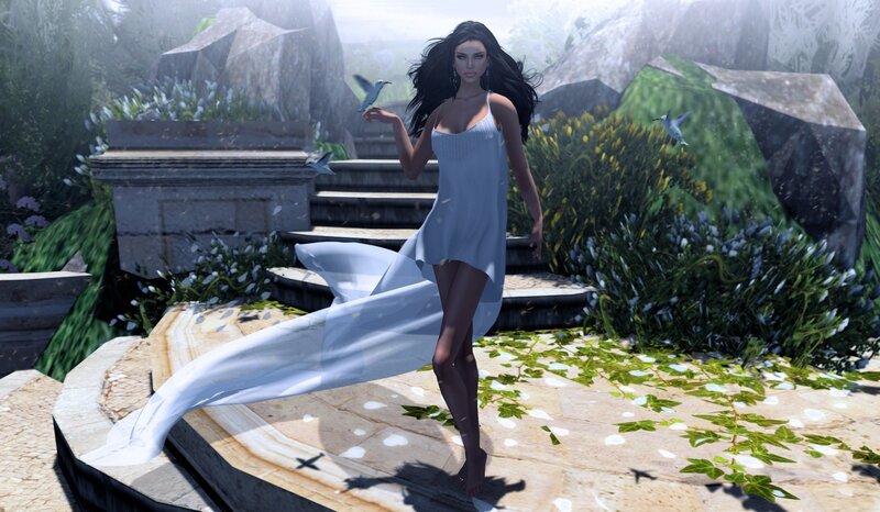 Woman in White Dress — Serene, Afternoon, 3d Render, Birds