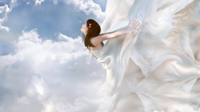 Woman in White Dress — Serene, Afternoon, Digital Art, Clouds