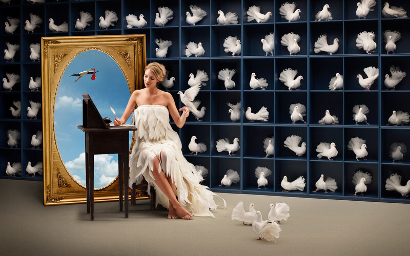 Woman in White Dress — Serene, Afternoon, Digital Art, Doves