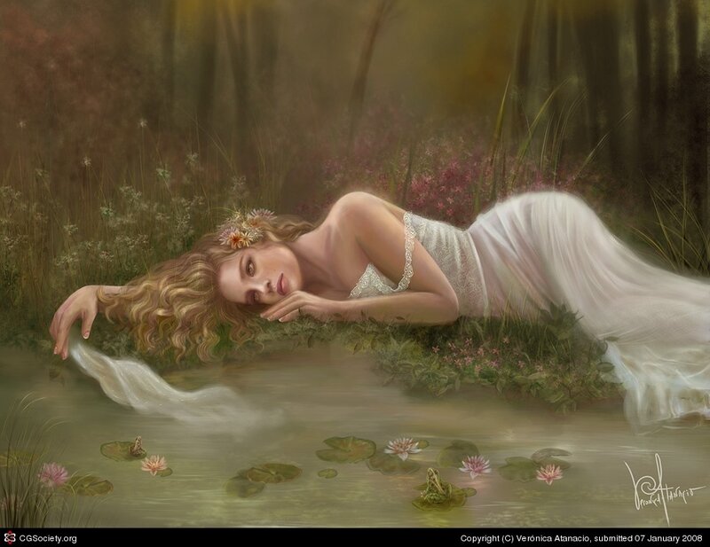 Woman in White Dress — Serene, Afternoon, Digital Art, Flowers, Pond, Lily Pads, Forest