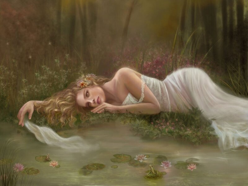 Woman in White Dress — Serene, Afternoon, Digital Art, Flowers, Pond
