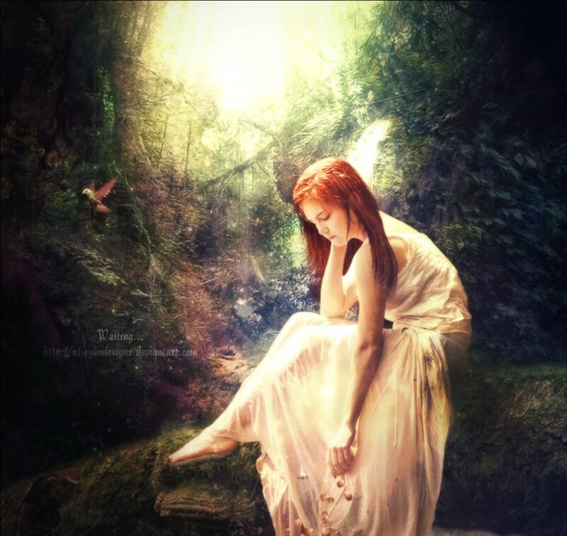 Woman in White Dress — Serene, Afternoon, Digital Art, Forest, Bird