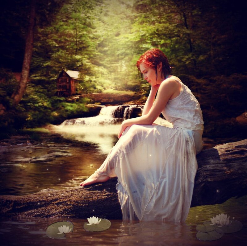 Woman in White Dress — Serene, Afternoon, Digital Art, Forest, Stream