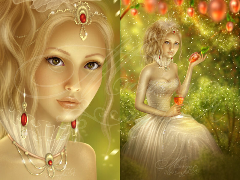 Woman in White Dress — Serene, Afternoon, Digital Art, Fruit