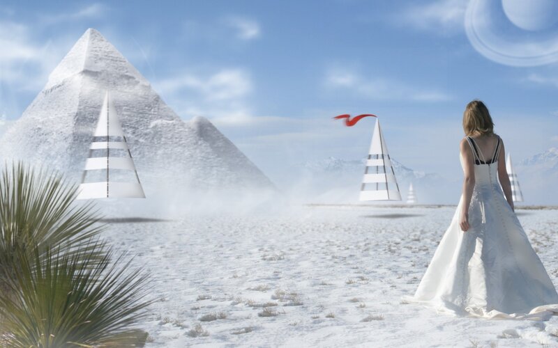 Woman in White Dress — Serene, Afternoon, Digital Art, Pyramid