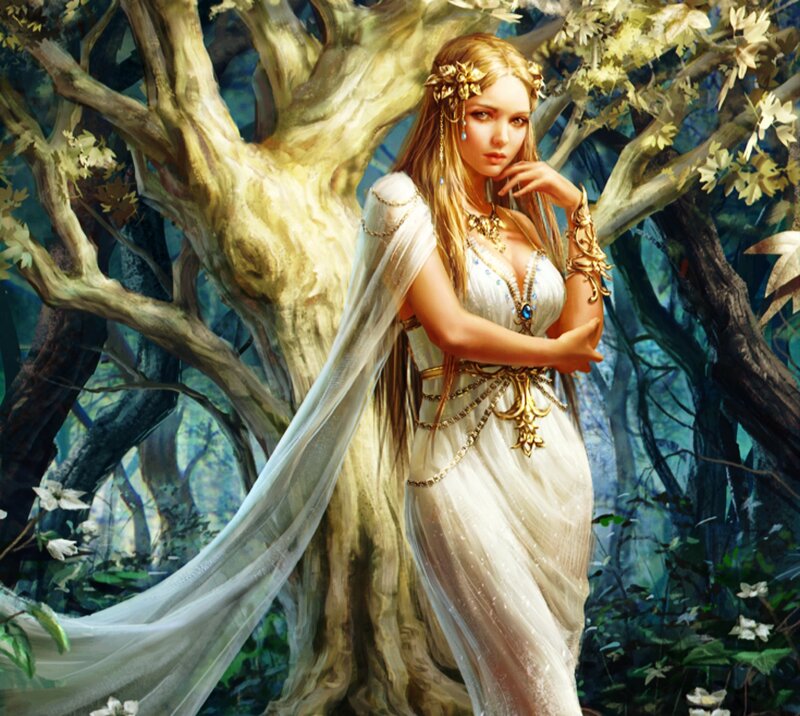 Woman in White Dress — Serene, Afternoon, Digital Art, Tree, Forest, Jewelry
