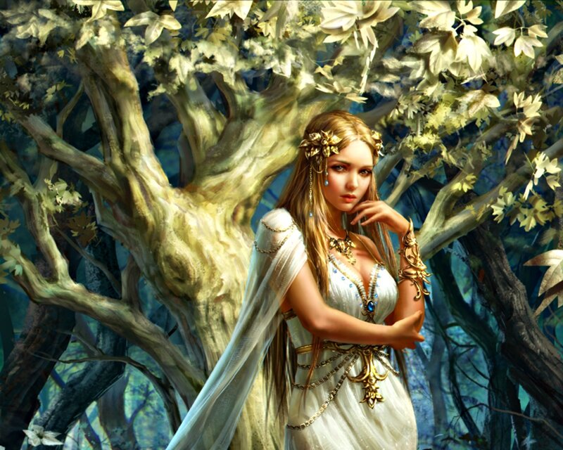 Woman in White Dress — Serene, Afternoon, Digital Art, Tree, Forest