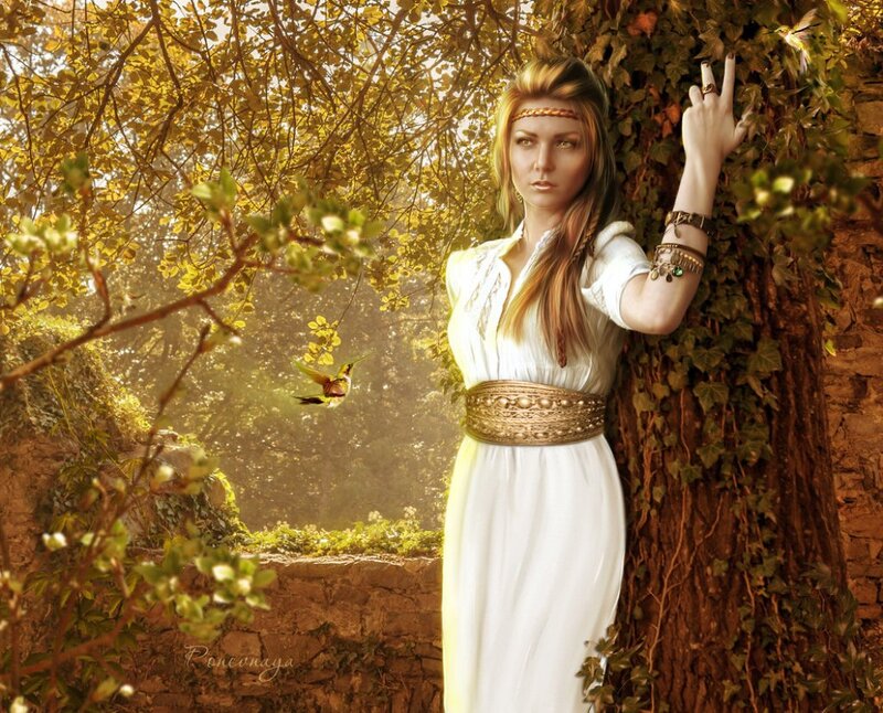 Woman in White Dress — Serene, Afternoon, Digital Art, Tree