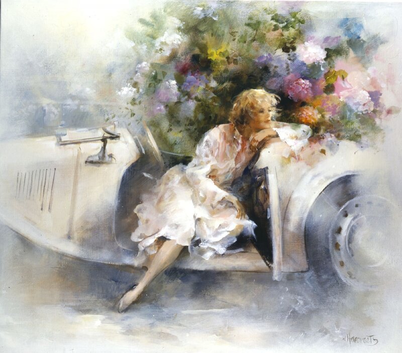 Woman in White Dress — Serene, Afternoon, Painting, Car, Flowers