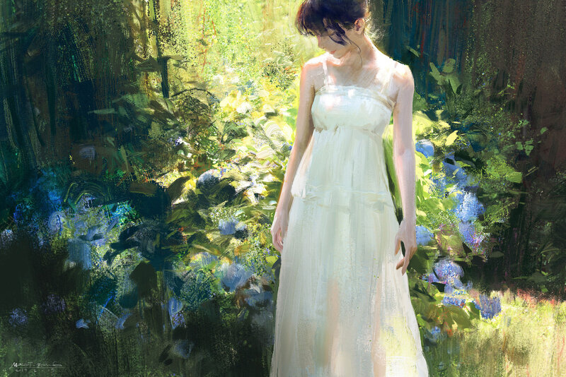Woman in White Dress — Serene, Afternoon, Painting, Flowers, Forest