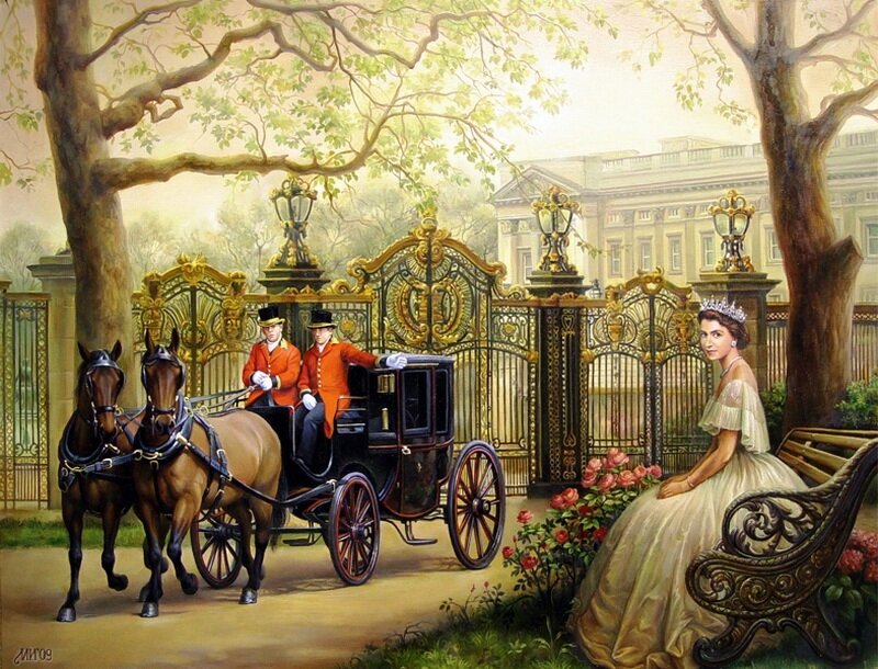 Woman in White Dress — Serene, Afternoon, Painting, Horse-drawn Carriage