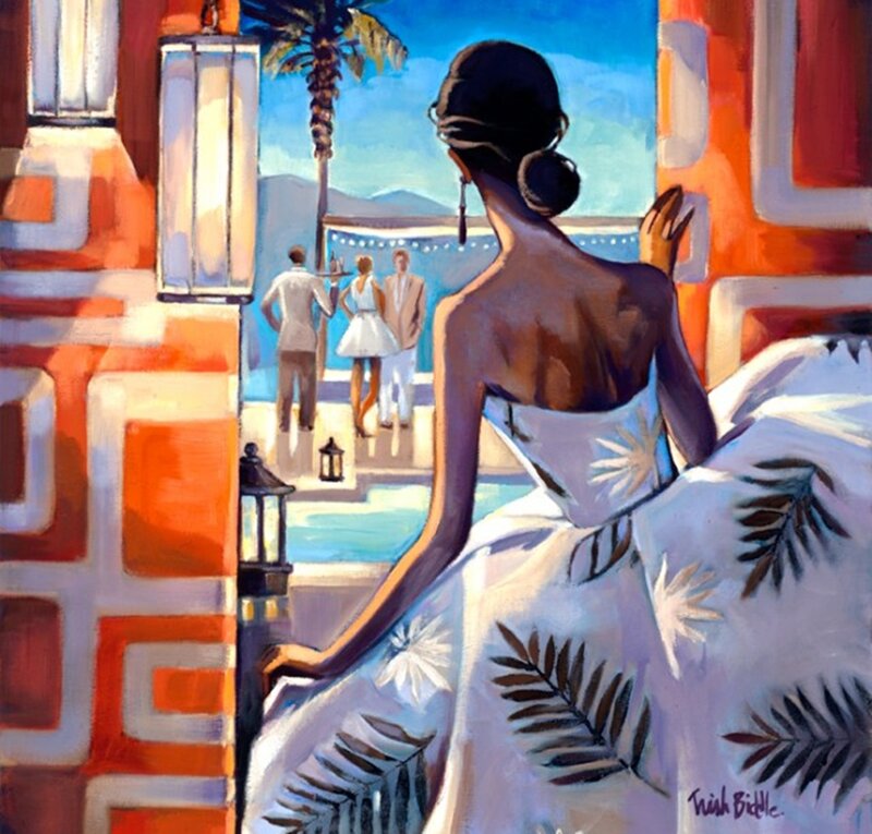 Woman in White Dress — Serene, Afternoon, Painting, Palm Tree