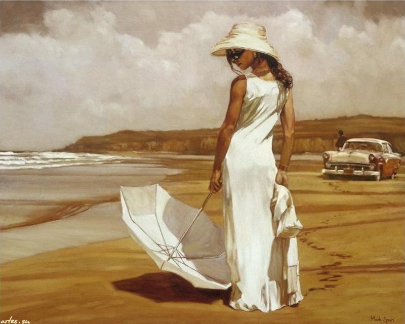 Woman in White Dress — Serene, Afternoon, Painting, Umbrella, Car