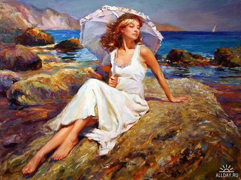 Woman in White Dress — Serene, Afternoon, Painting, Umbrella