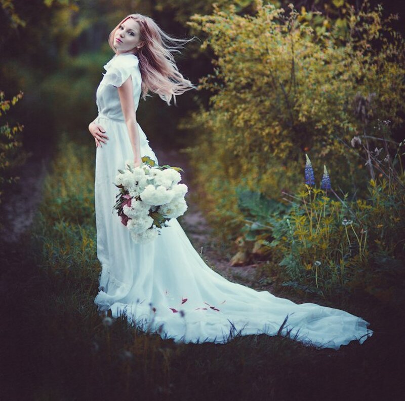 Woman in White Dress — Serene, Afternoon, Photograph, Bouquet, Flowers