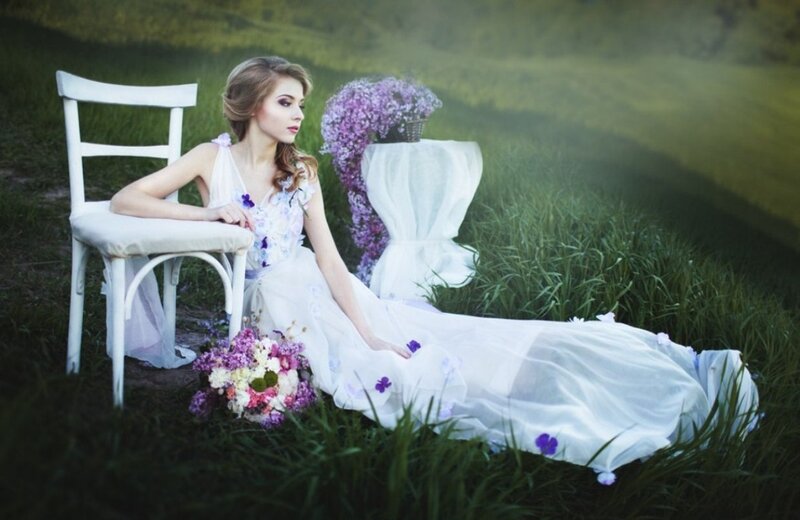 Woman in White Dress — Serene, Afternoon, Photograph, Chair, Flowers