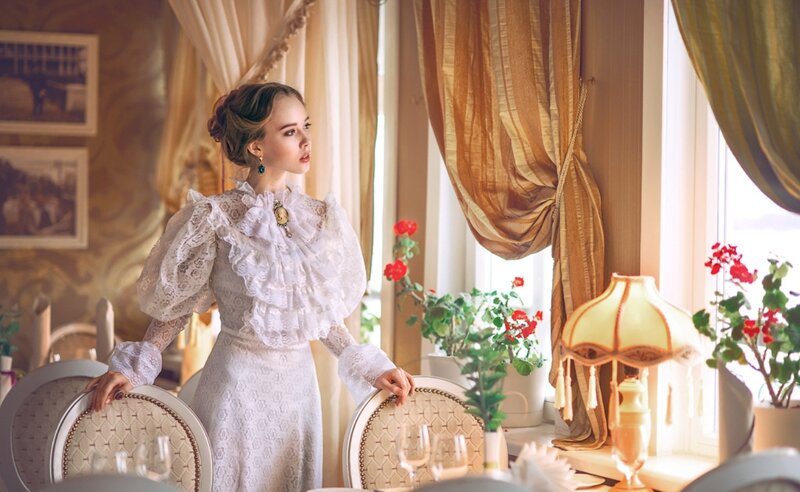Woman in White Dress — Serene, Afternoon, Photograph, Chair, Lamp