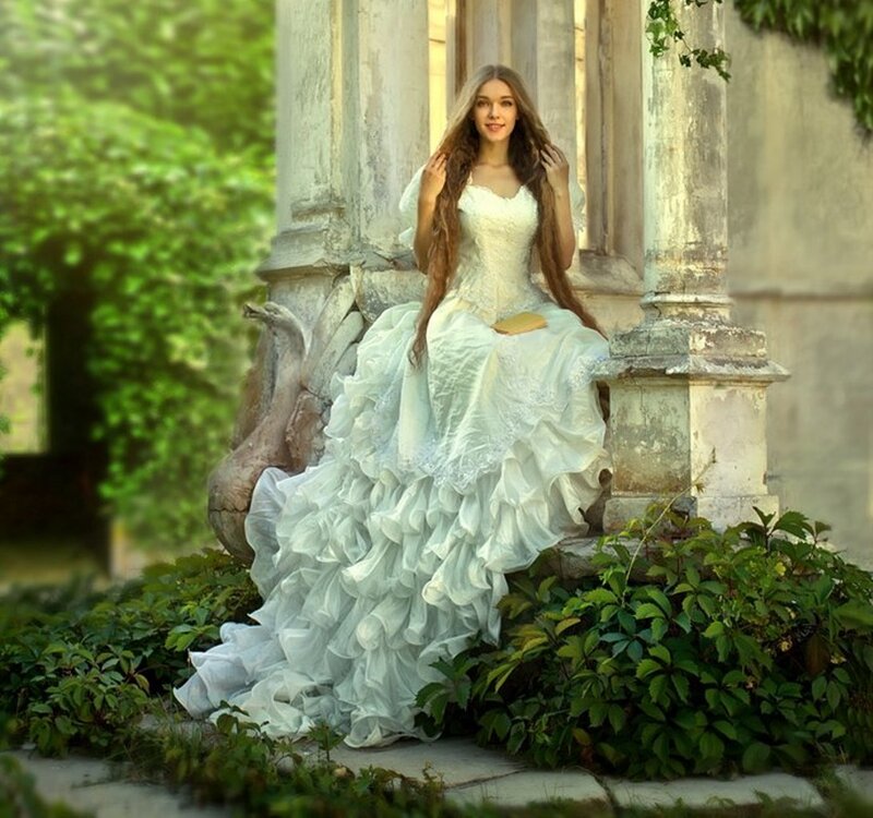 Woman in White Dress — Serene, Afternoon, Photograph, Columns, Plants