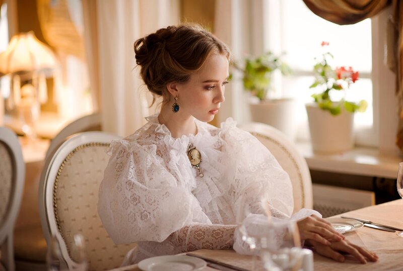 Woman in White Dress — Serene, Afternoon, Photograph, Earrings, Brooch