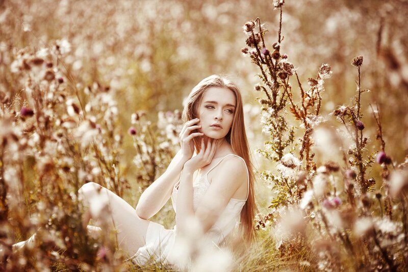 Woman in White Dress — Serene, Afternoon, Photograph, Field, Flowers, Grass