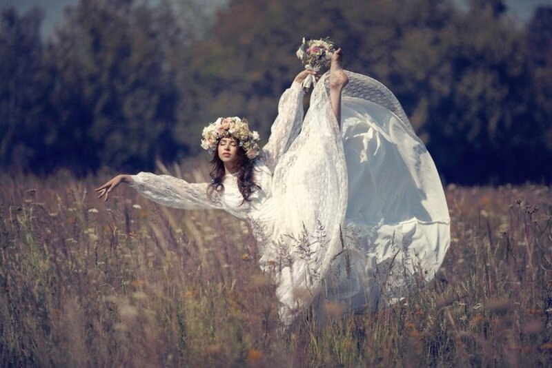 Woman in White Dress — Serene, Afternoon, Photograph, Flower Crown, Bouquet, Field