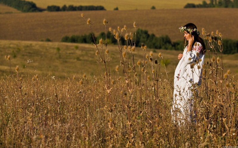 Woman in White Dress — Serene, Afternoon, Photograph, Flower Crown, Field