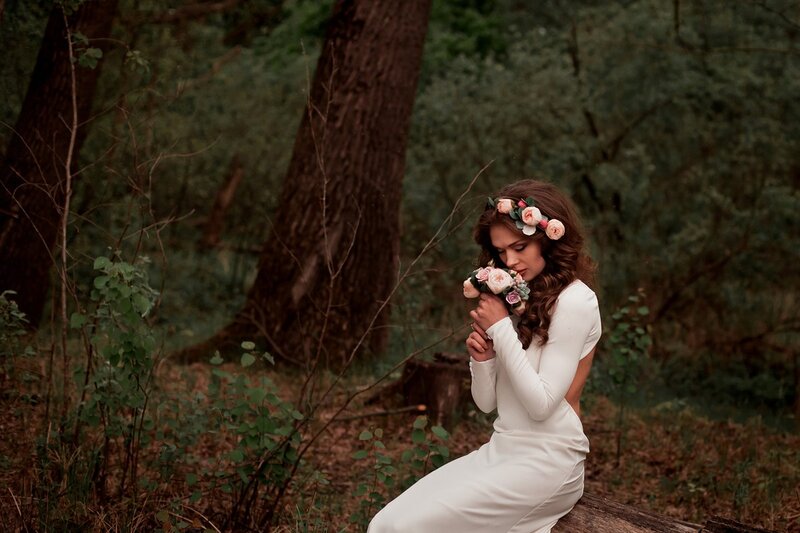 Woman in White Dress — Serene, Afternoon, Photograph, Flower Crown, Flowers