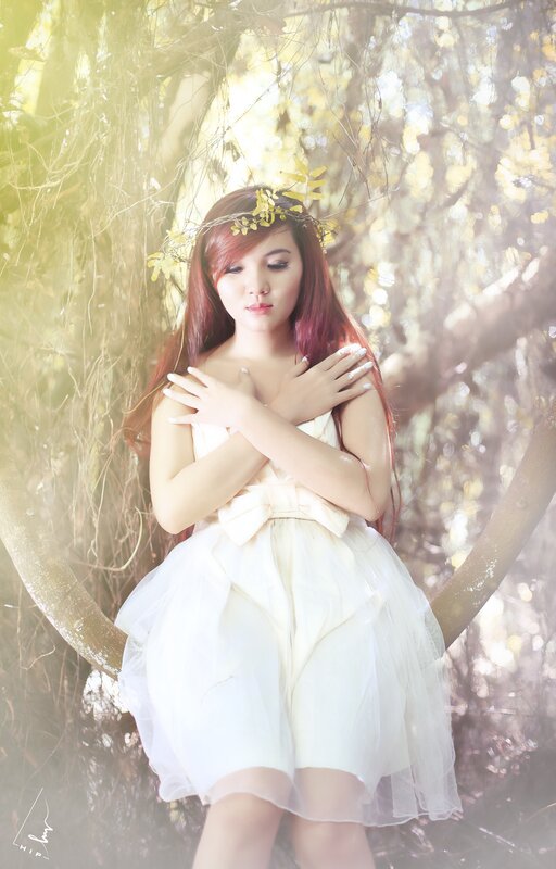 Woman in White Dress — Serene, Afternoon, Photograph, Flower Crown, Tree, Tulle Dress